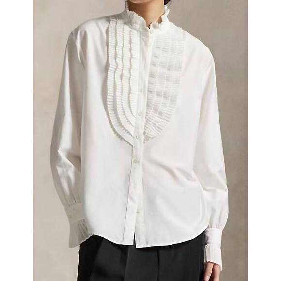 NEW POLO RALPH LAUREN pleated bib placket cotton silk shirt in white